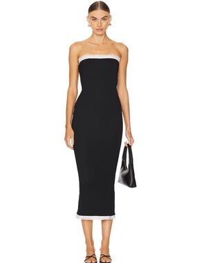 More to Come Addison Strapless Black Midi Dress with White Trim